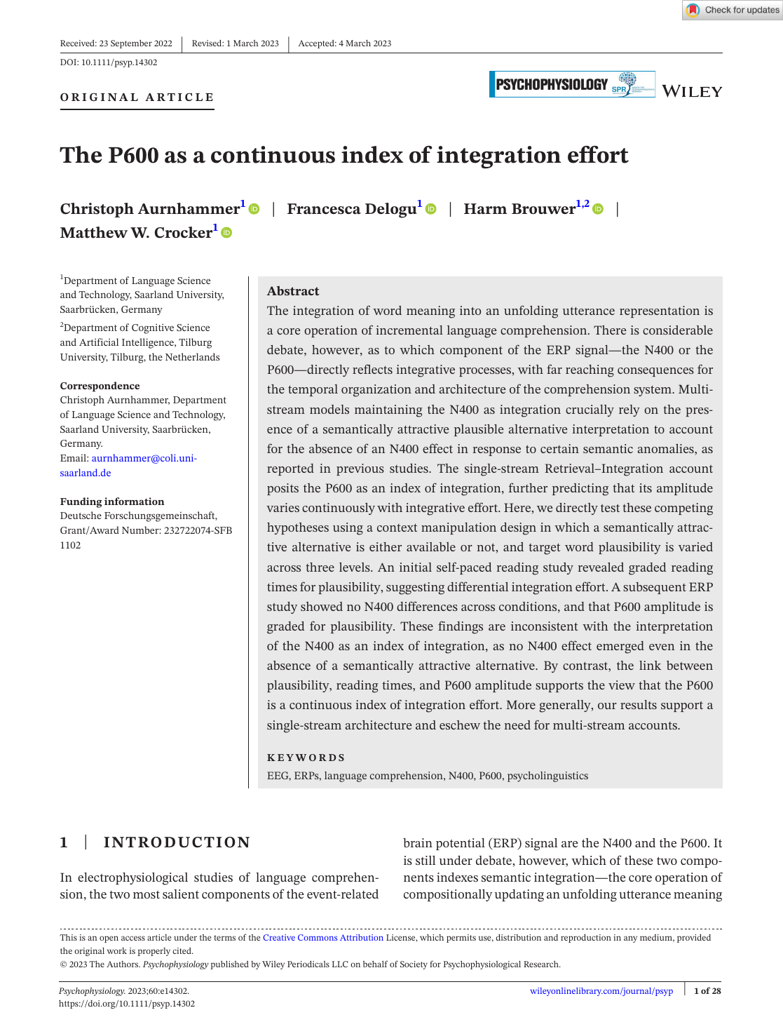 First page of The P600 as a continuous index of integration effort