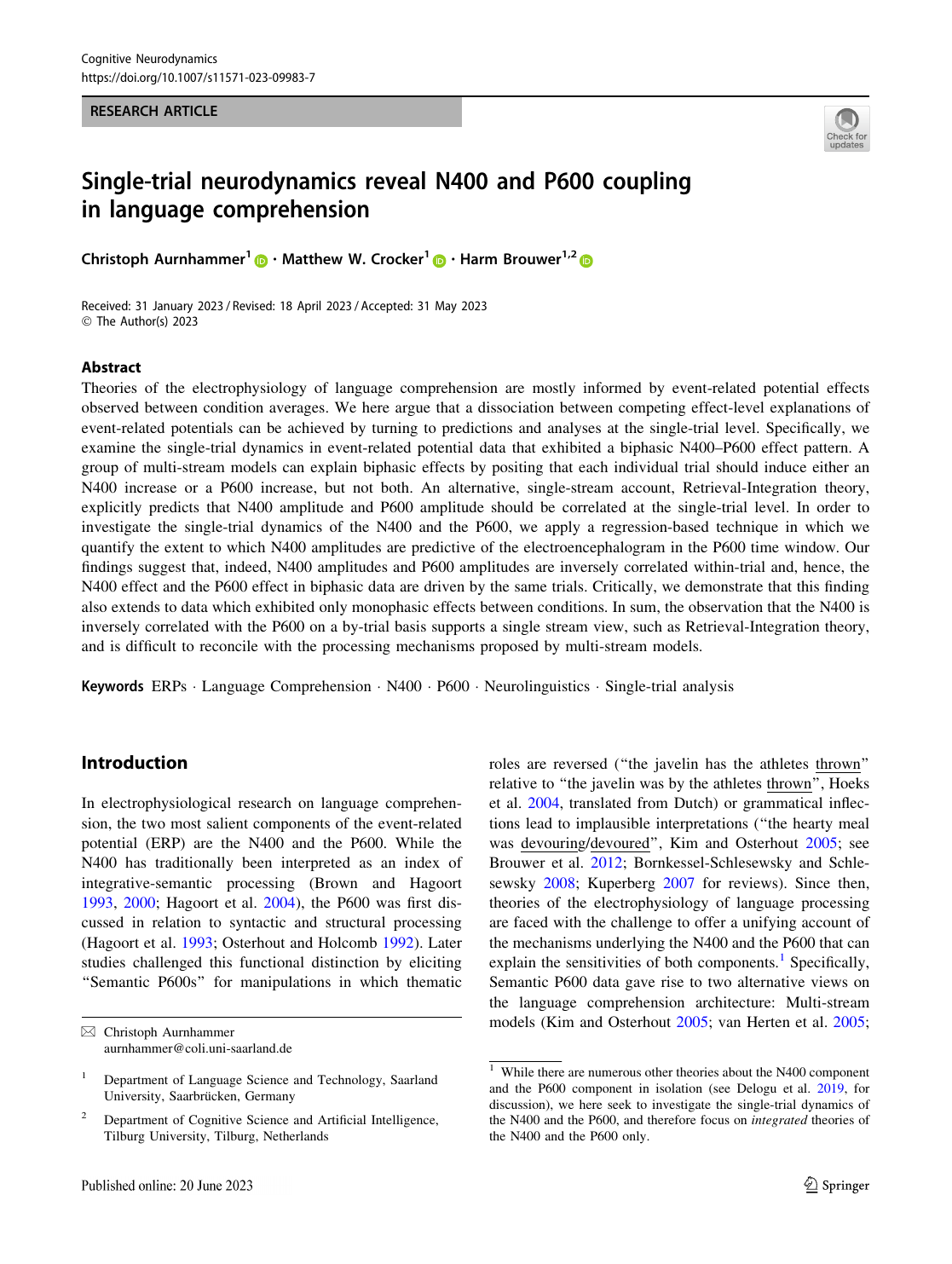 First page of Single-trial neurodynamics reveal N400 and P600 coupling in language comprehension
