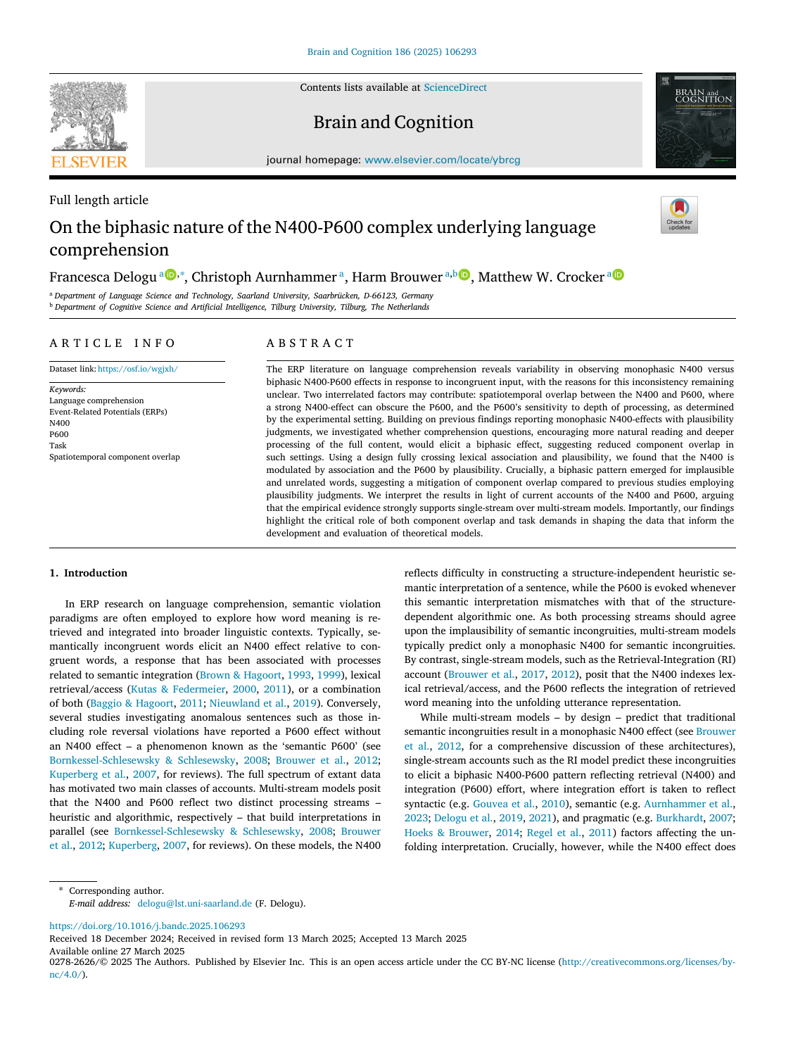 First page of On the biphasic nature of the N400-P600 complex underlying language comprehension