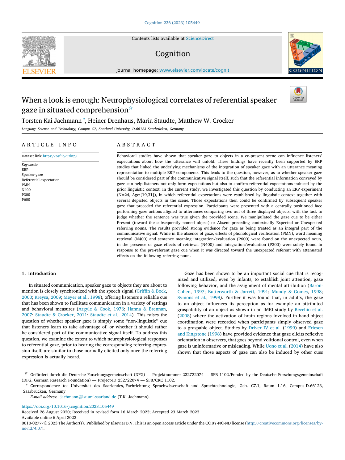 First page of When a look is enough: Neurophysiological correlates of referential speaker gaze in situated comprehension