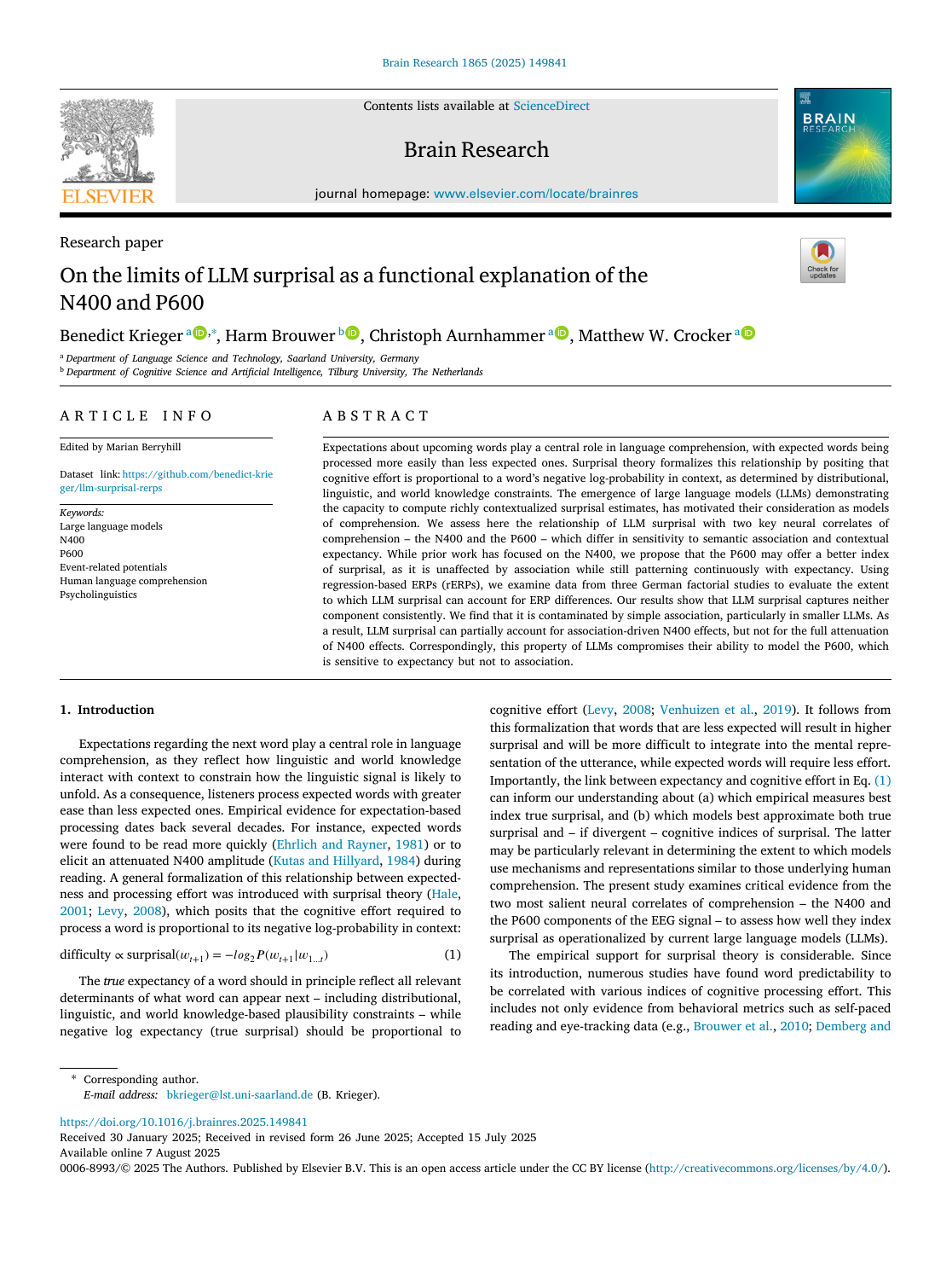 First page of On the limits of LLM surprisal as a functional explanation of the N400 and P600