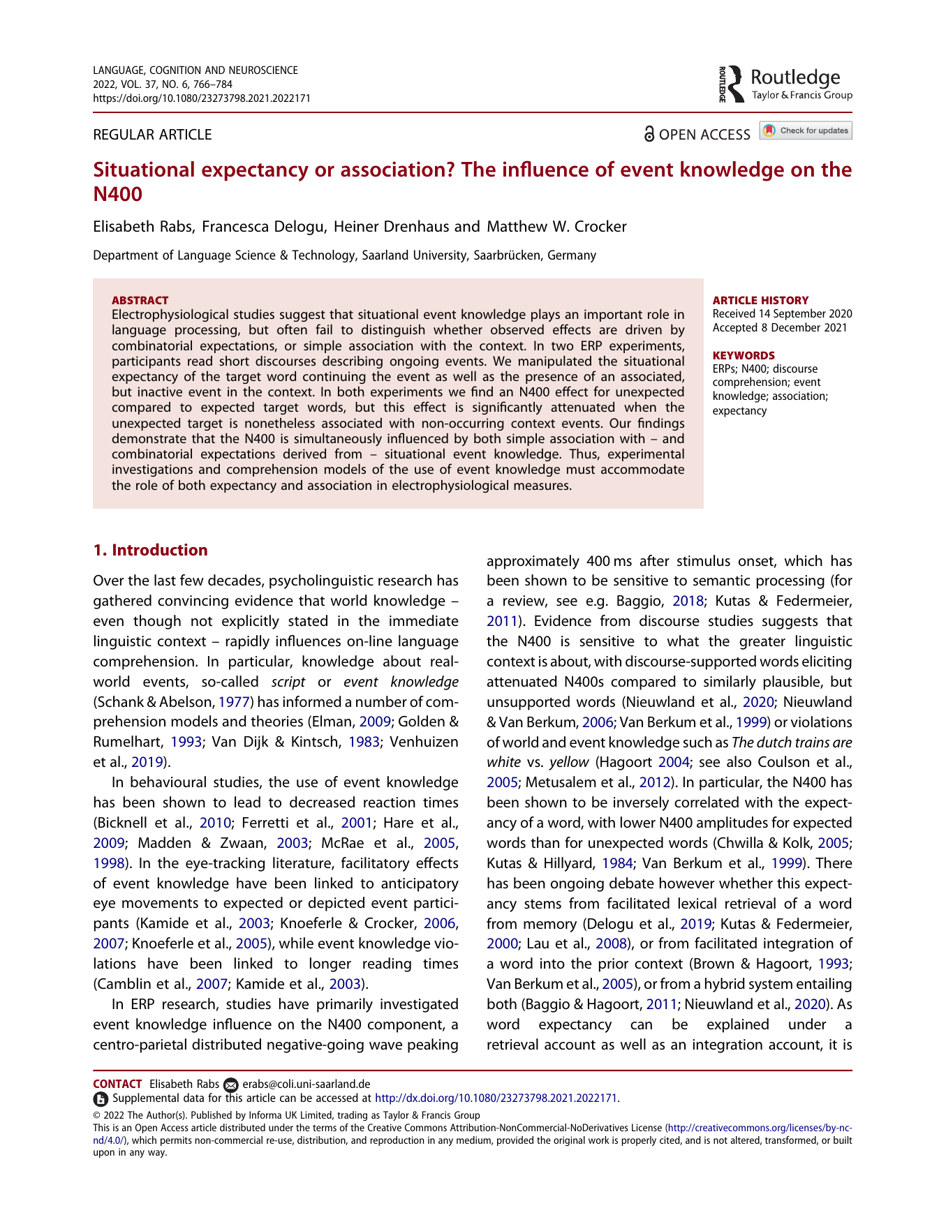 First page of Situational expectancy or association? The influence of event knowledge on the N400