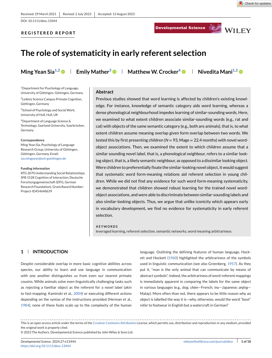 First page of The Role of Systematicity in Early Referent Selection