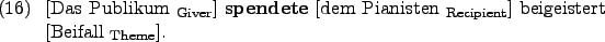 \begin{example}
\rule{0em}{0em}[Das Publikum $_{\text{Giver}}$] \textbf{spendet...
...pient}}$]
beigeistert \rule{0em}{0em}[Beifall $_{\text{Theme}}$].
\end{example}