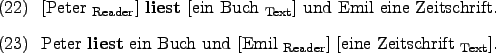 \begin{examples}
\item \rule{0em}{0em}[Peter $_{\text{Reader}}$] \textbf{liest}...
...{Reader}}$] \rule{0em}{0em}[eine Zeitschrift $_{\text{Text}}$].
\end{examples}