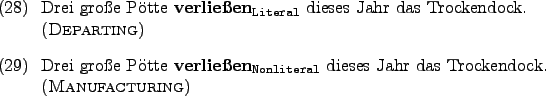 \begin{examples}
\item Drei groe Ptte \textbf{verlieen}$_{\text{\texttt{Lite...
...eral}}}$ dieses Jahr das Trockendock. (\textsc{Manufacturing})
\end{examples}