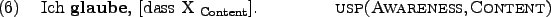 \begin{example}
Ich \textbf{glaube}, \rule{0em}{0em}[dass X $_{\text{Content}}$]. \hfill \textsc{usp(Awareness,Content)}
\end{example}