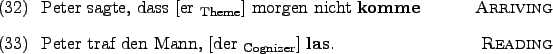 \begin{examples}
\item Peter sagte, dass \rule{0em}{0em}[er $_{\text{Theme}}$] ...
...m}[der $_{\text{Cognizer}}$] \textbf{las}. \hfill\textsc{Reading}
\end{examples}