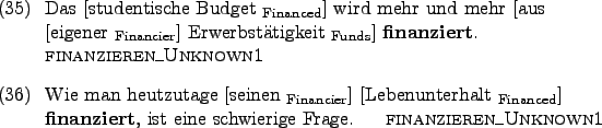 \begin{examples}
\item Das \rule{0em}{0em}[studentische Budget $_{\text{Finance...
... ist eine schwierige
Frage. \hfill\textsc{finanzieren\_Unknown1}
\end{examples}