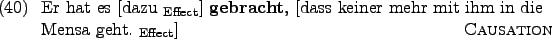\begin{example}
Er hat es \rule{0em}{0em}[dazu $_{\text{Effect}}$] \textbf{gebr...
...hm in die Mensa geht. $_{\text{Effect}}$] \hfill\textsc{Causation}
\end{example}