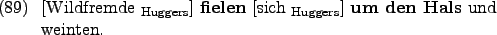 \begin{example}
\rule{0em}{0em}[Wildfremde $_{\text{Huggers}}$] \textbf{fielen}...
...{0em}[sich $_{\text{Huggers}}$] \textbf{um den
Hals} und weinten.
\end{example}