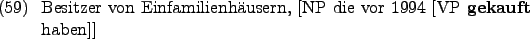 \begin{example}
Besitzer von Einfamilienhusern, [NP die vor 1994 [VP \textbf{gekauft} haben]]
\end{example}