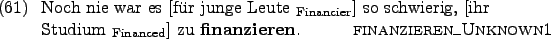 \begin{example}
Noch nie war es \rule{0em}{0em}[fr junge Leute $_{\text{Financ...
...}}$] zu \textbf{finanzieren}. \hfill\textsc{finanzieren\_Unknown1}
\end{example}