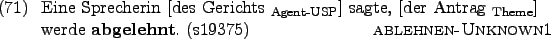 \begin{example}
Eine Sprecherin \rule{0em}{0em}[des Gerichts $_{\text{Agent-USP...
...de \textbf{abgelehnt}. (s19375) \hfill
\textsc{ablehnen-Unknown1}
\end{example}