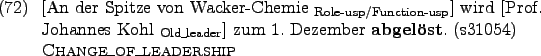 \begin{example}
\rule{0em}{0em}[An der Spitze von Wacker-Chemie $_{\text{Role-u...
...\textbf{abgelst}. (s31054) \hfill \textsc{Change\_of\_leadership}
\end{example}