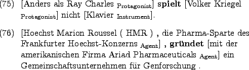 \begin{examples}
\item \rule{0em}{0em}[Anders als Ray Charles $_{\text{Protagoni...
...{\text{Agent}}$] ein Gemeinschaftsunternehmen fr
Genforschung .
\end{examples}