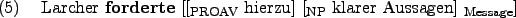 \begin{example}
Larcher \textbf{forderte} [[$_{\text{PROAV}}$ hierzu] [$_{\text{NP}}$ klarer Aussagen] $_{\text{Message}}$]
\end{example}
