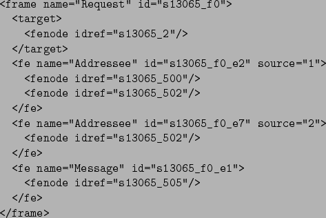 \begin{figure}\begin{verbatim}<frame name=''Request'' id=''s13065_f0''>
<targ...
...e idref=''s13065_505''/>
</fe>
</frame>\end{verbatim}\centering
\end{figure}