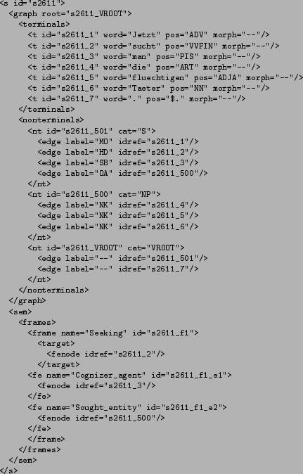 \begin{figure}\centering
\scriptsize
\begin{verbatim}<s id=''s2611''>
<graph ...
...1_500''/>
</fe>
</frame>
</frames>
</sem>
</s>\end{verbatim}
\end{figure}